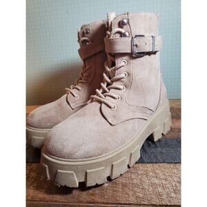 Yoki Santy Girl's Tan Suede Lace Up And Zip Up Platform Combat Boots US Size 5